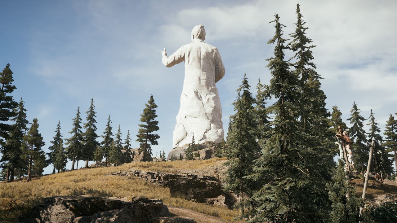 A marble statue of Joseph Seed from behind. Far Cry 5 is pretty for an almost 10 year old game. Yes, this is the only screenshot I took. Why do you ask?